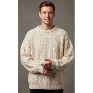 Vintage Aran Crafts Men’s Irish Fisherman Chunky Cable Knit Wool Sweater L